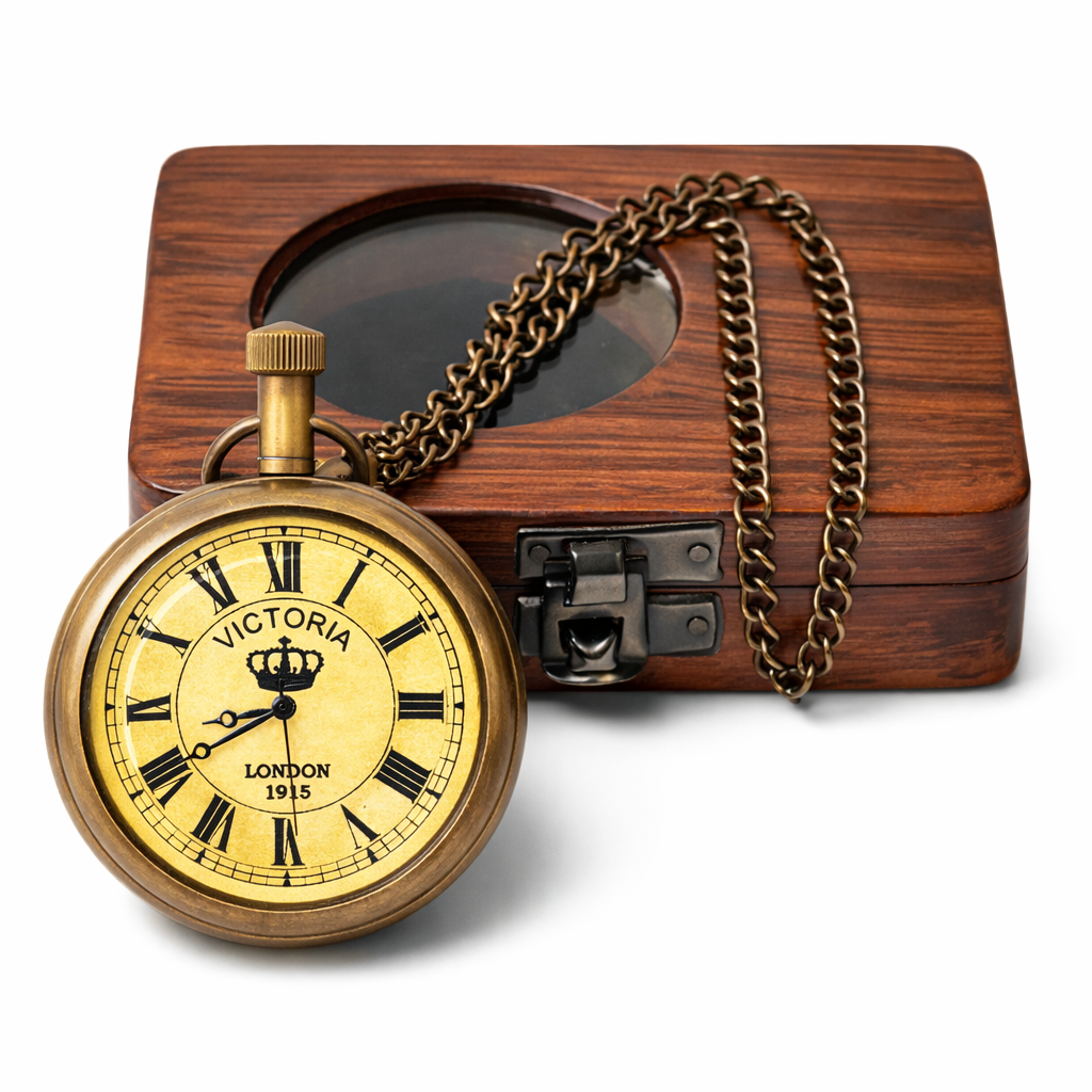 Brass Pocket Watch with Wooden Box Victoria London 1915 Antique Vintage Style Maritime - Image 2