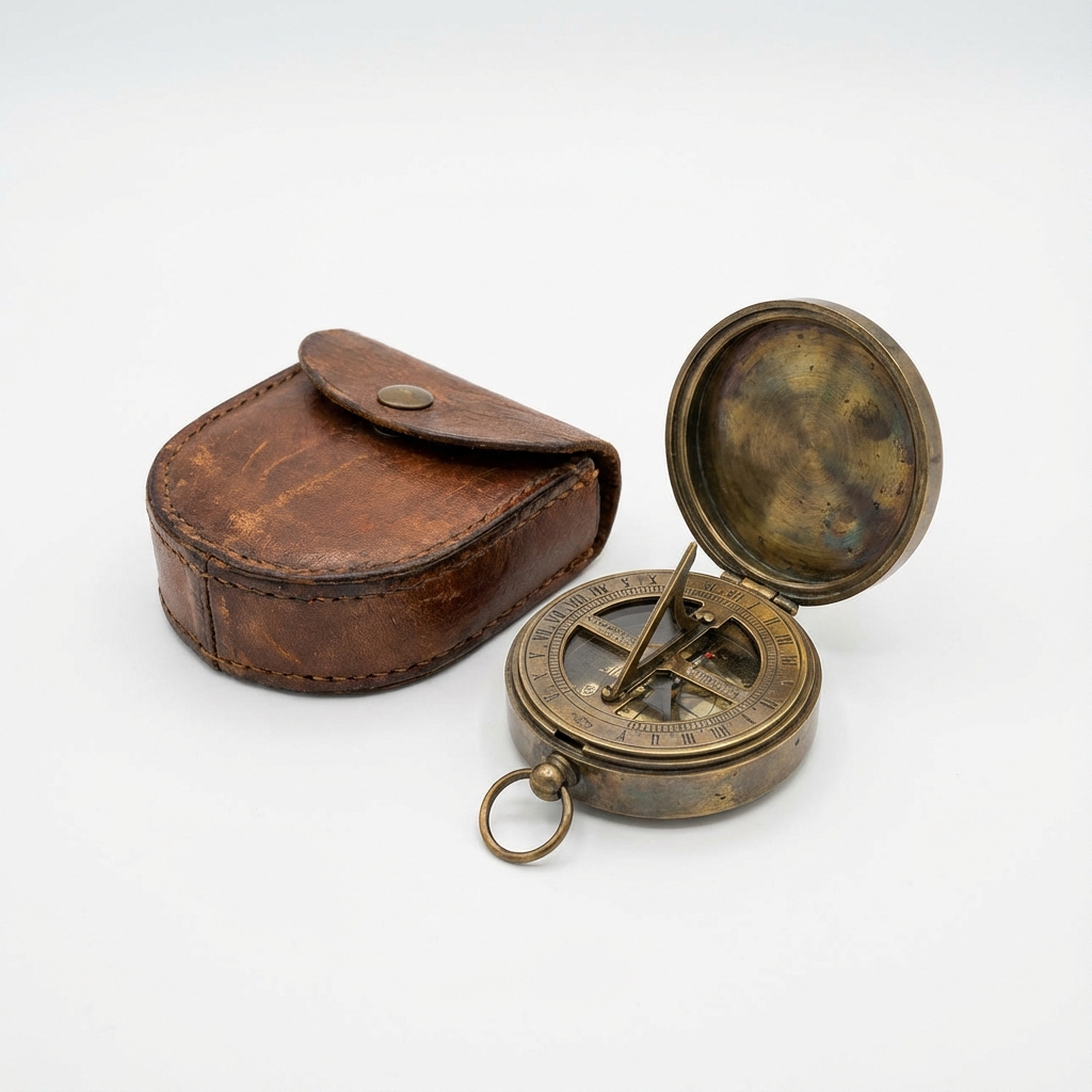 Brass Sundial Compass with Leather Case